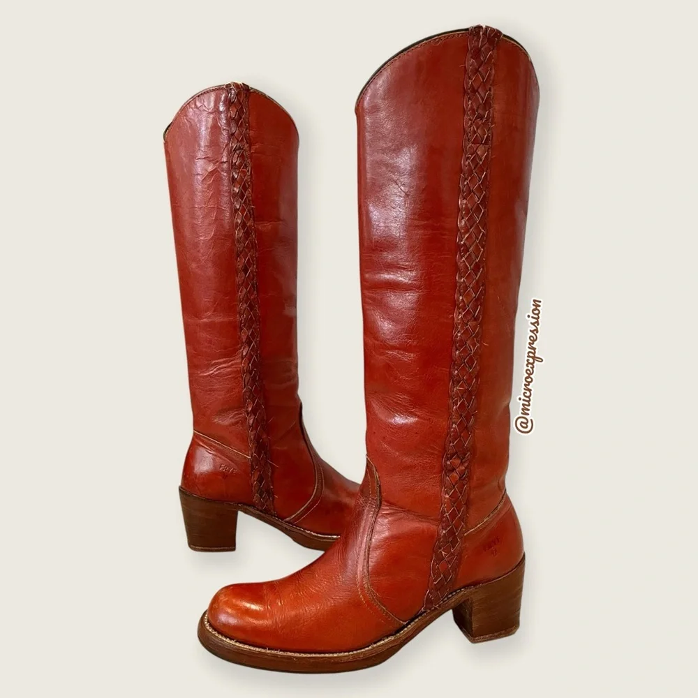 VINTAGE 1970s Frye Leather Red-Brown Leather Braided Knee High Block Heel Boot